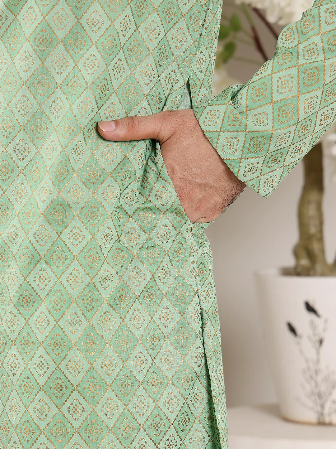 Men's Elegant Printed Sea Green Straight Cotton Kurta,Cream solid trouser style churidar
