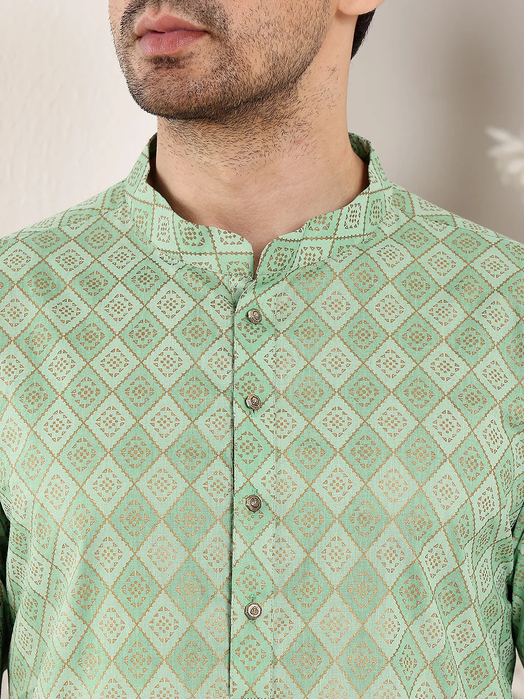 Men's Elegant Printed Sea Green Straight Cotton Kurta,Cream solid trouser style churidar
