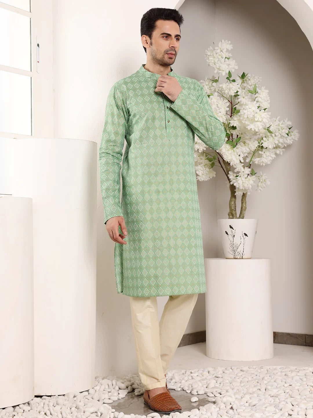 Men's Elegant Printed Sea Green Straight Cotton Kurta,Cream solid trouser style churidar