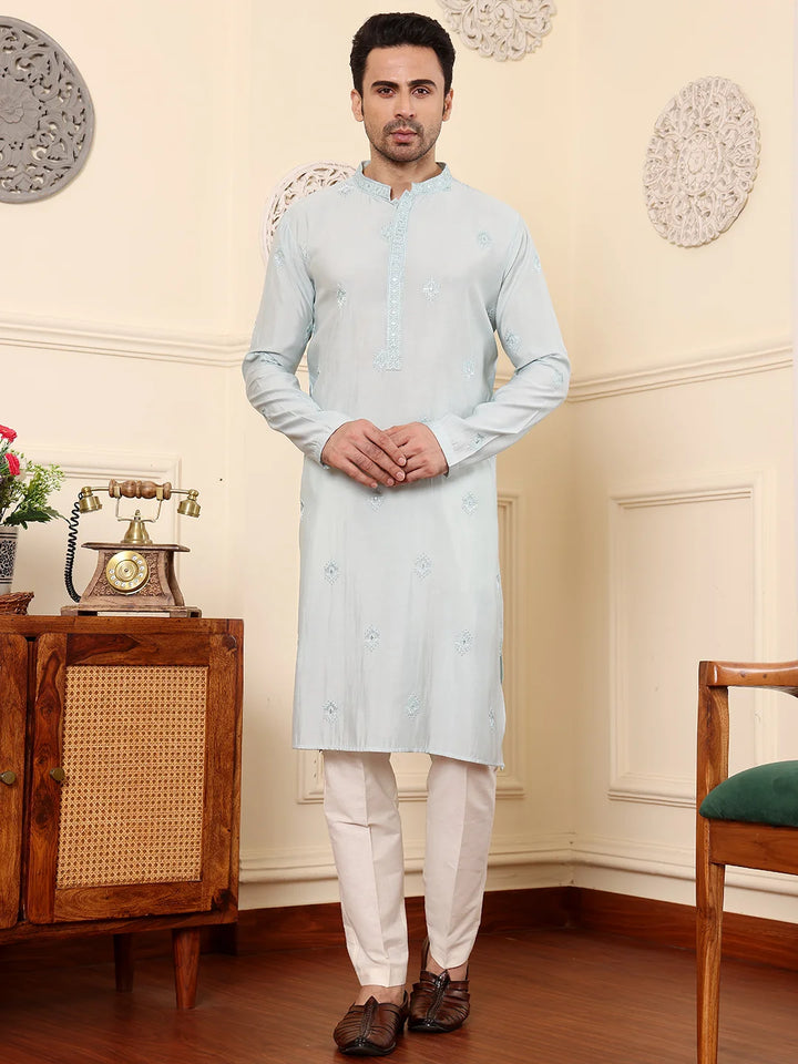 Men's Long Sleeve Light Blue Straight Viscose Silk Kurta with Embroidered Neckline Motifs and White Solid Churidar