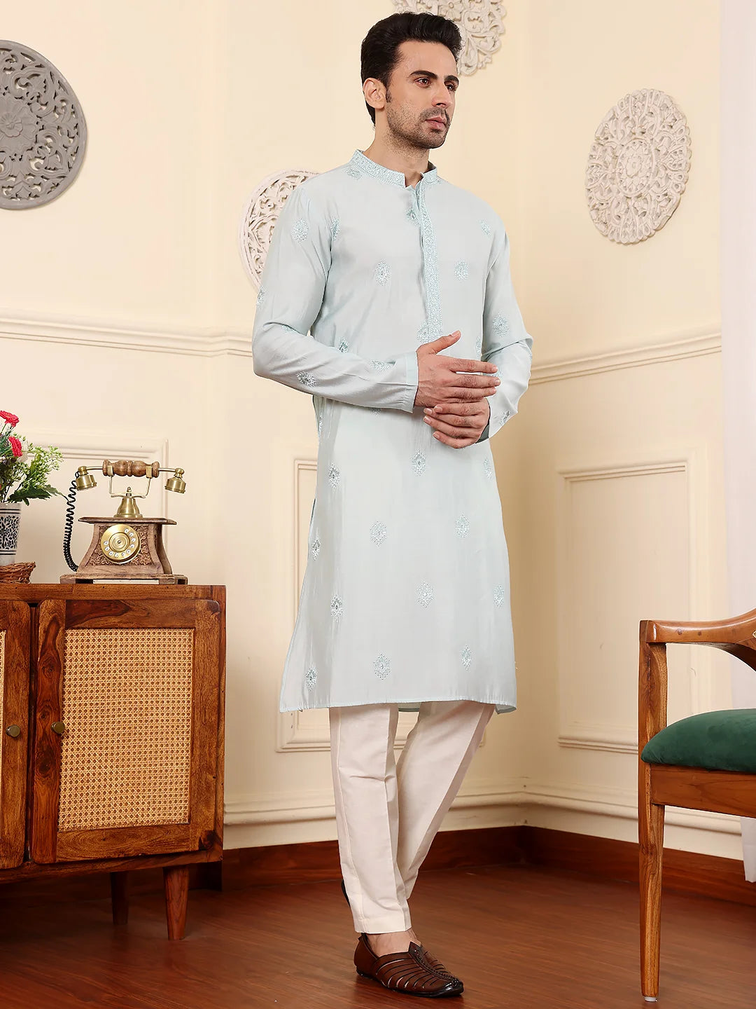 Men's Long Sleeve Light Blue Straight Viscose Silk Kurta with Embroidered Neckline Motifs and White Solid Churidar