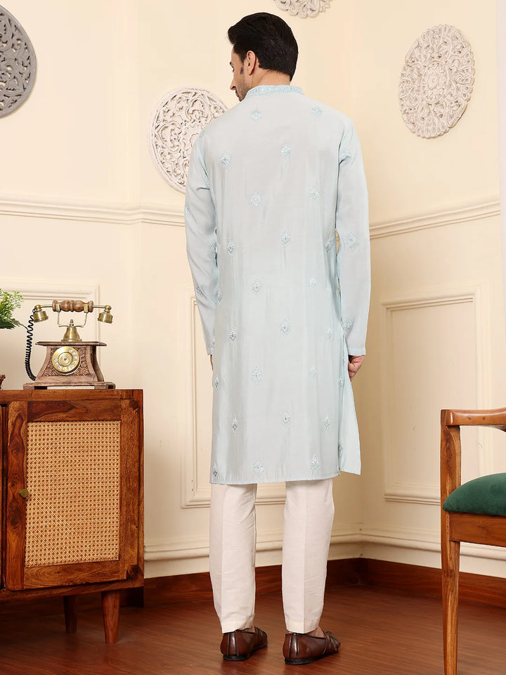 Men's Long Sleeve Light Blue Straight Viscose Silk Kurta with Embroidered Neckline Motifs and White Solid Churidar