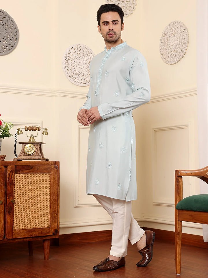 Men's Long Sleeve Light Blue Straight Viscose Silk Kurta with Embroidered Neckline Motifs and White Solid Churidar