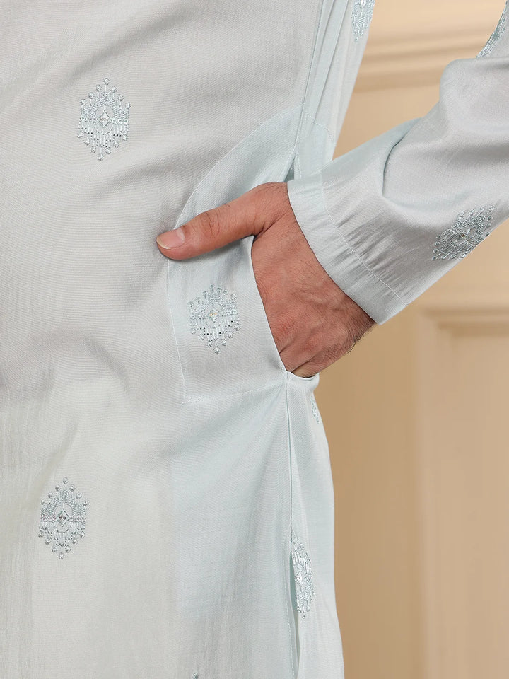 Men's Long Sleeve Light Blue Straight Viscose Silk Kurta with Embroidered Neckline Motifs and White Solid Churidar