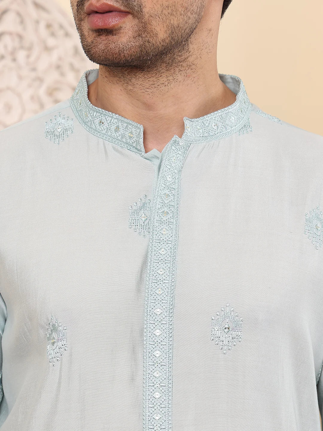 Men's Long Sleeve Light Blue Straight Viscose Silk Kurta with Embroidered Neckline Motifs and White Solid Churidar