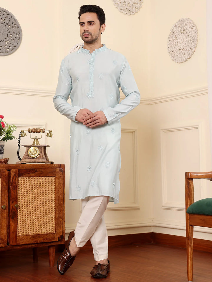 Men's Long Sleeve Light Blue Straight Viscose Silk Kurta with Embroidered Neckline Motifs and White Solid Churidar