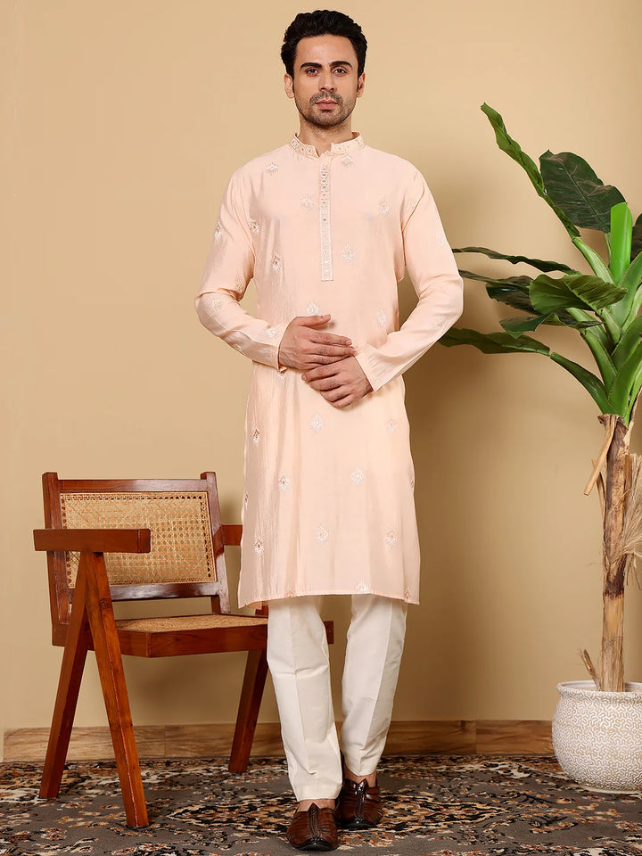 Men's Cream Straight Viscose Silk Kurta with Embroidered Neckline and Motifs,Off White solid trouser style churidar
