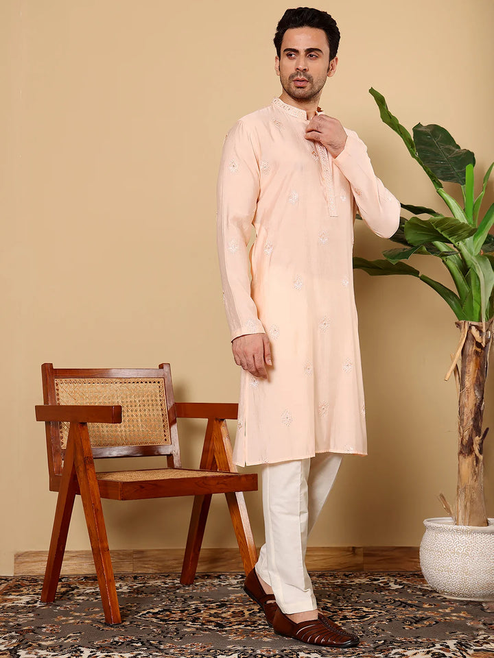 Men's Cream Straight Viscose Silk Kurta with Embroidered Neckline and Motifs,Off White solid trouser style churidar