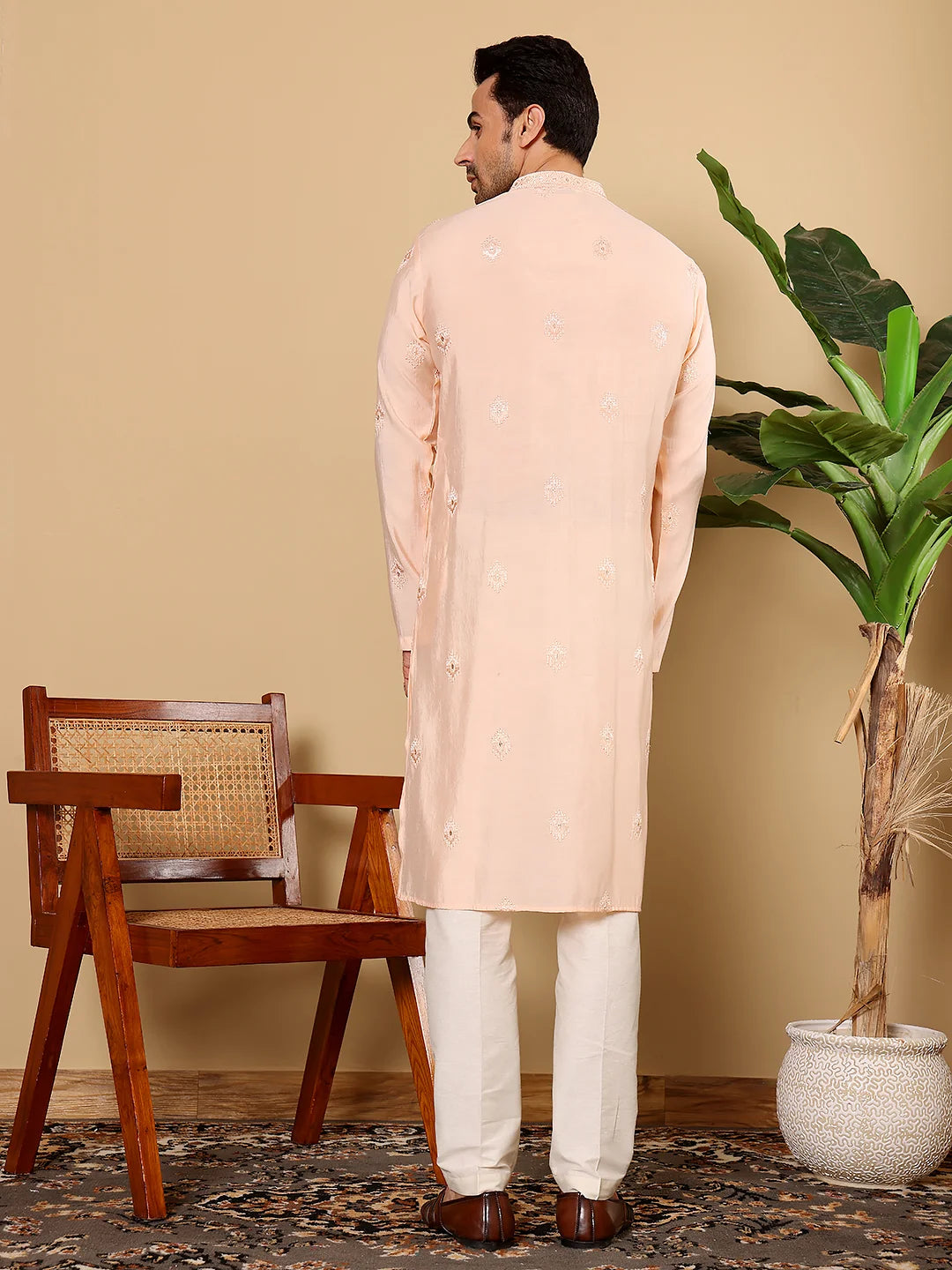 Men's Cream Straight Viscose Silk Kurta with Embroidered Neckline and Motifs,Off White solid trouser style churidar