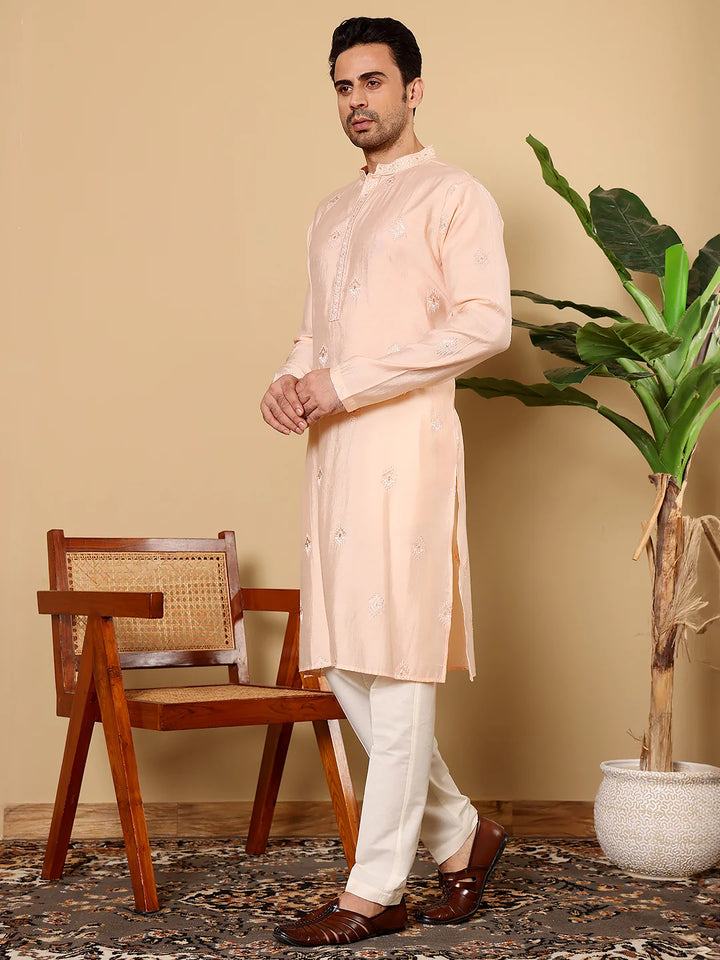Men's Cream Straight Viscose Silk Kurta with Embroidered Neckline and Motifs,Off White solid trouser style churidar