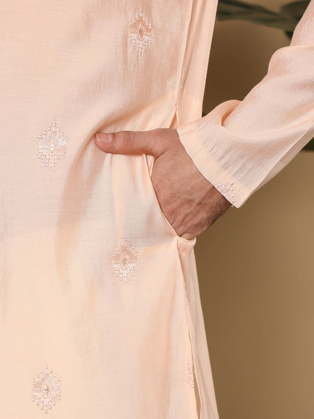 Men's Cream Straight Viscose Silk Kurta with Embroidered Neckline and Motifs,Off White solid trouser style churidar