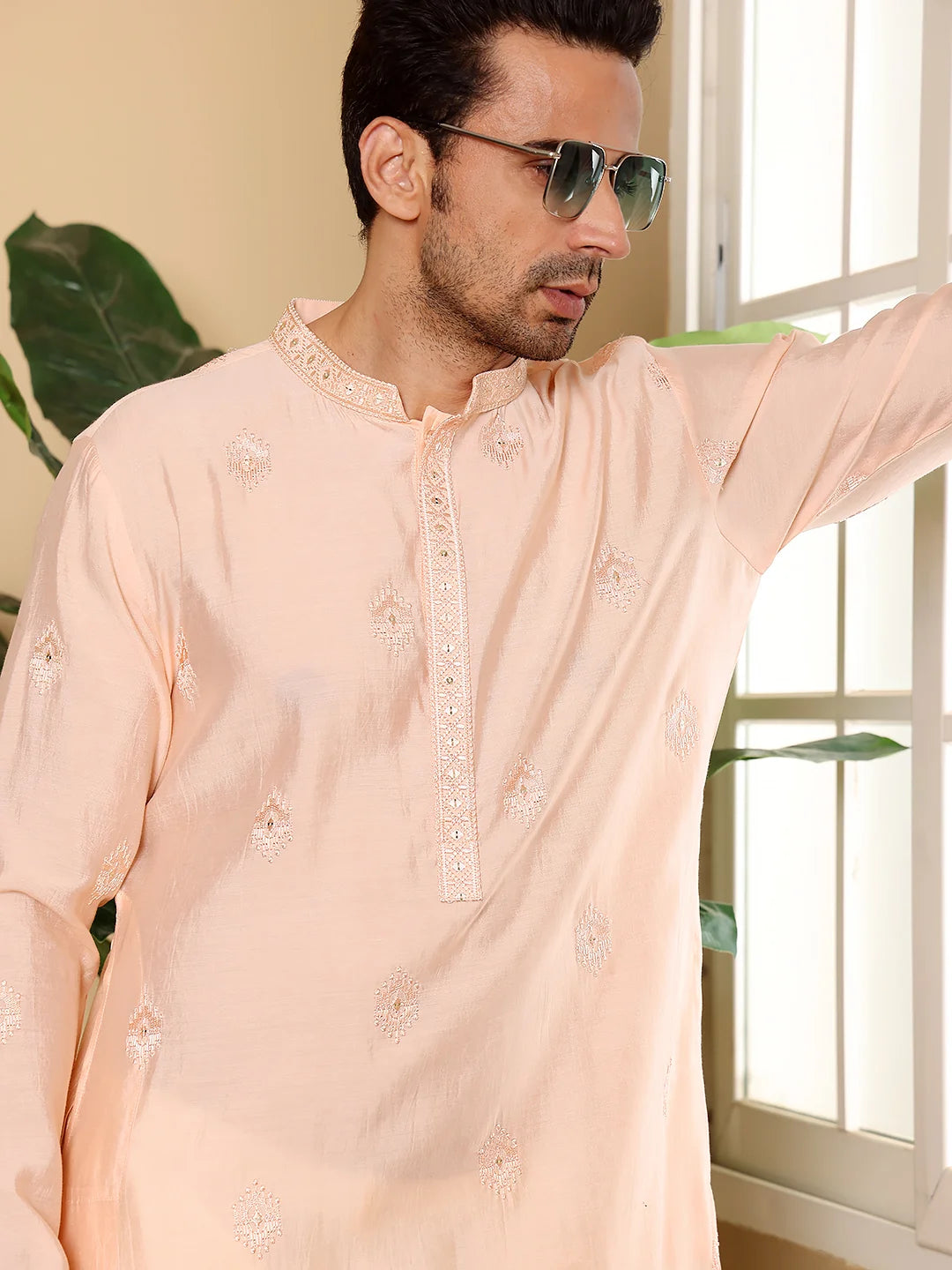 Men's Cream Straight Viscose Silk Kurta with Embroidered Neckline and Motifs,Off White solid trouser style churidar