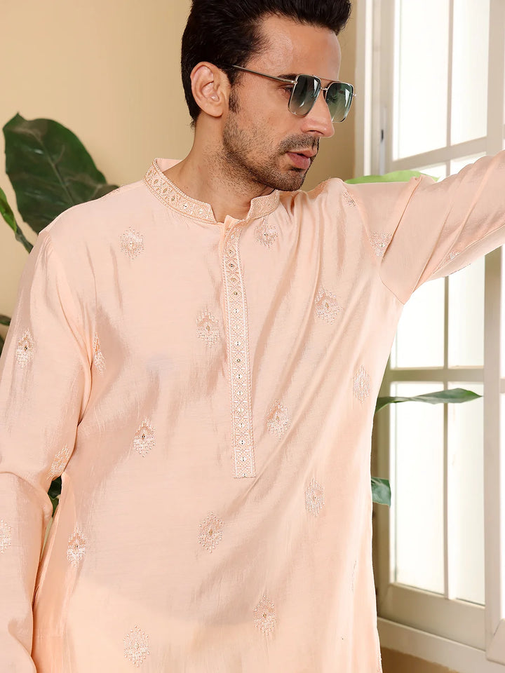 Men's Cream Straight Viscose Silk Kurta with Embroidered Neckline and Motifs,Off White solid trouser style churidar