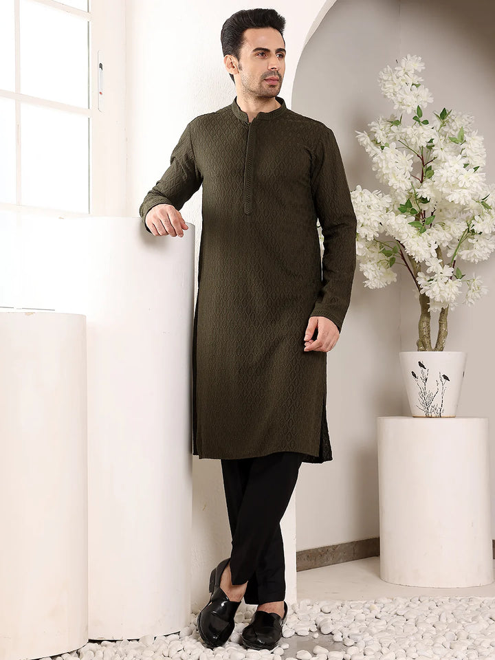 Men's Rayon Silk Straight Classic Black Chikankari Kurta,Cream solid trouser style churidar