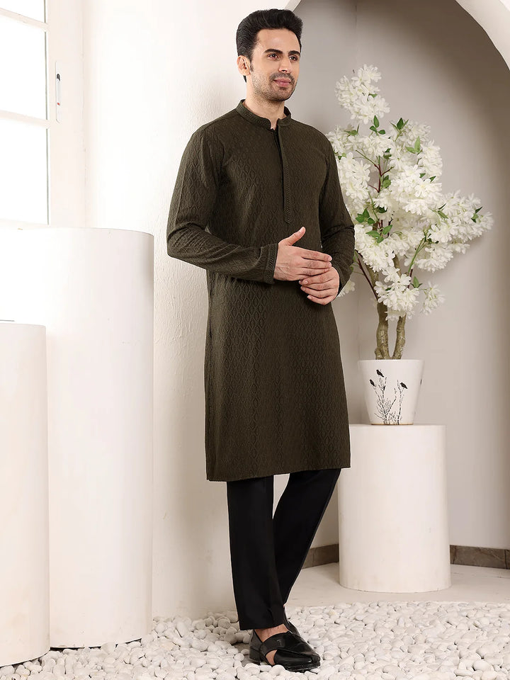 Men's Rayon Silk Straight Classic Black Chikankari Kurta,Cream solid trouser style churidar