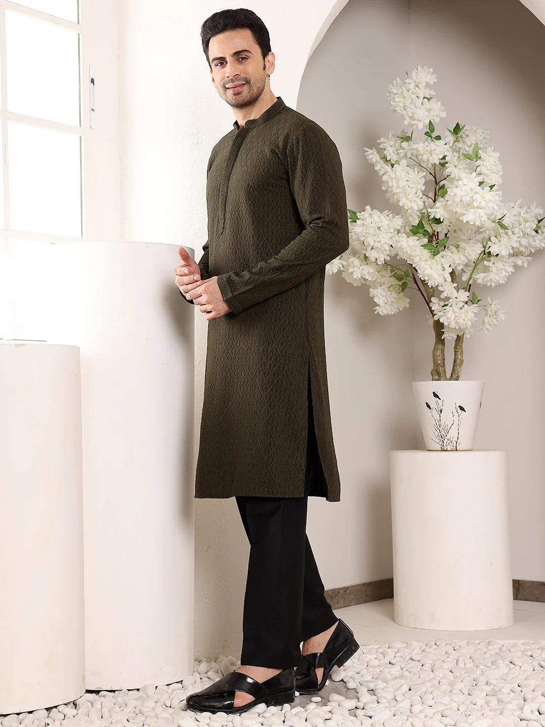 Men's Rayon Silk Straight Classic Black Chikankari Kurta,Cream solid trouser style churidar