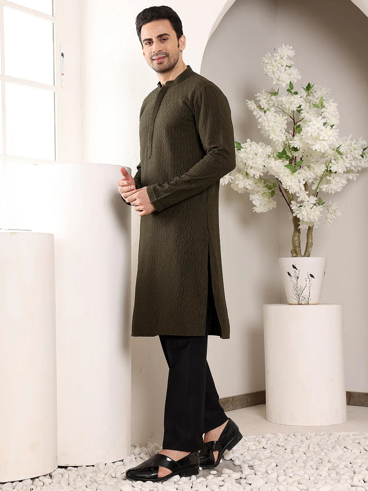 Men's Rayon Silk Straight Classic Black Chikankari Kurta,Cream solid trouser style churidar