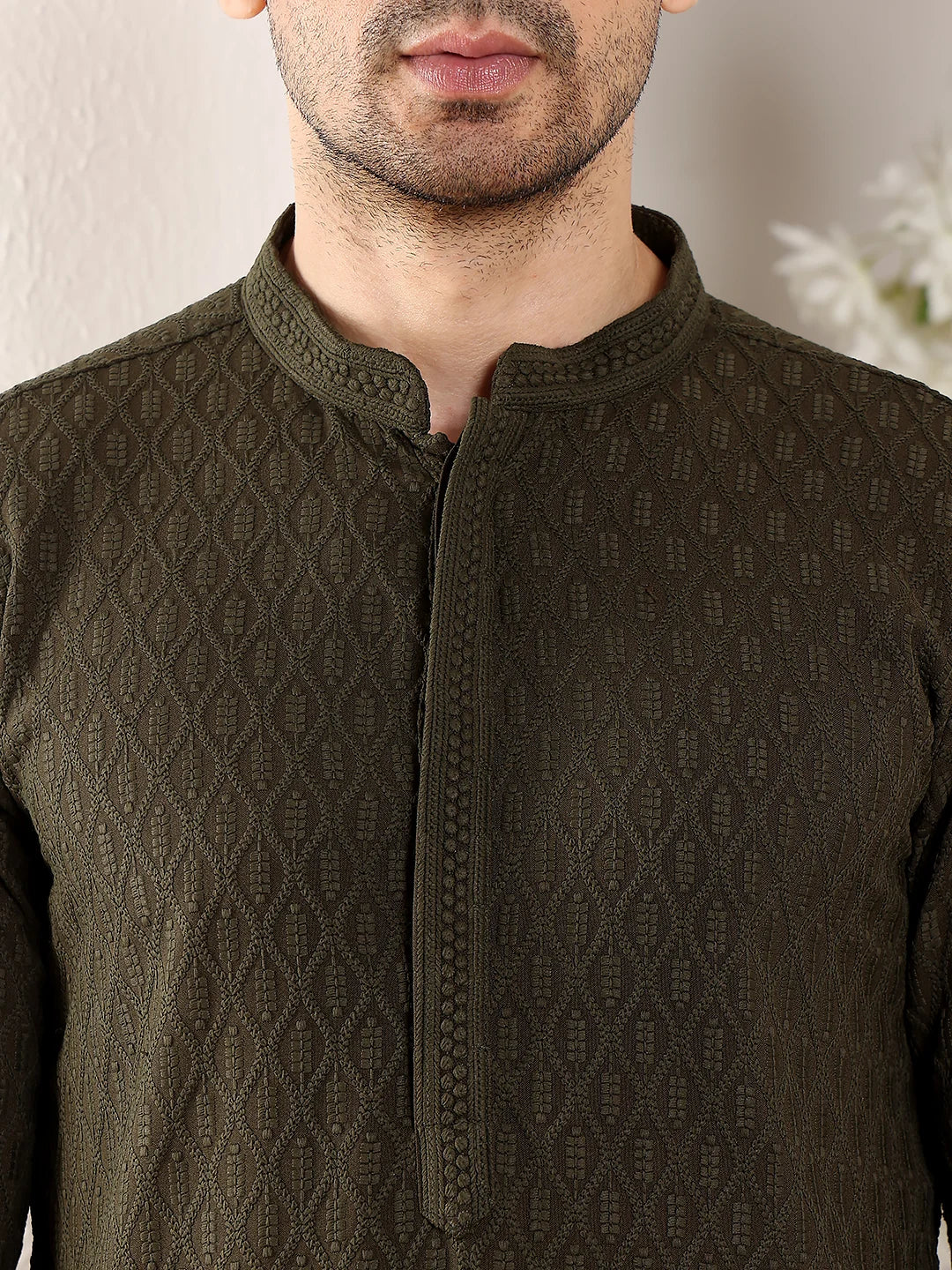 Men's Rayon Silk Straight Classic Black Chikankari Kurta,Cream solid trouser style churidar