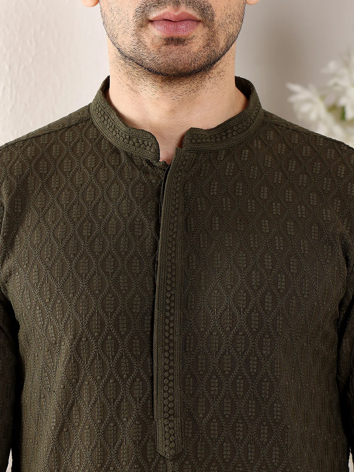 Men's Rayon Silk Straight Classic Black Chikankari Kurta,Cream solid trouser style churidar