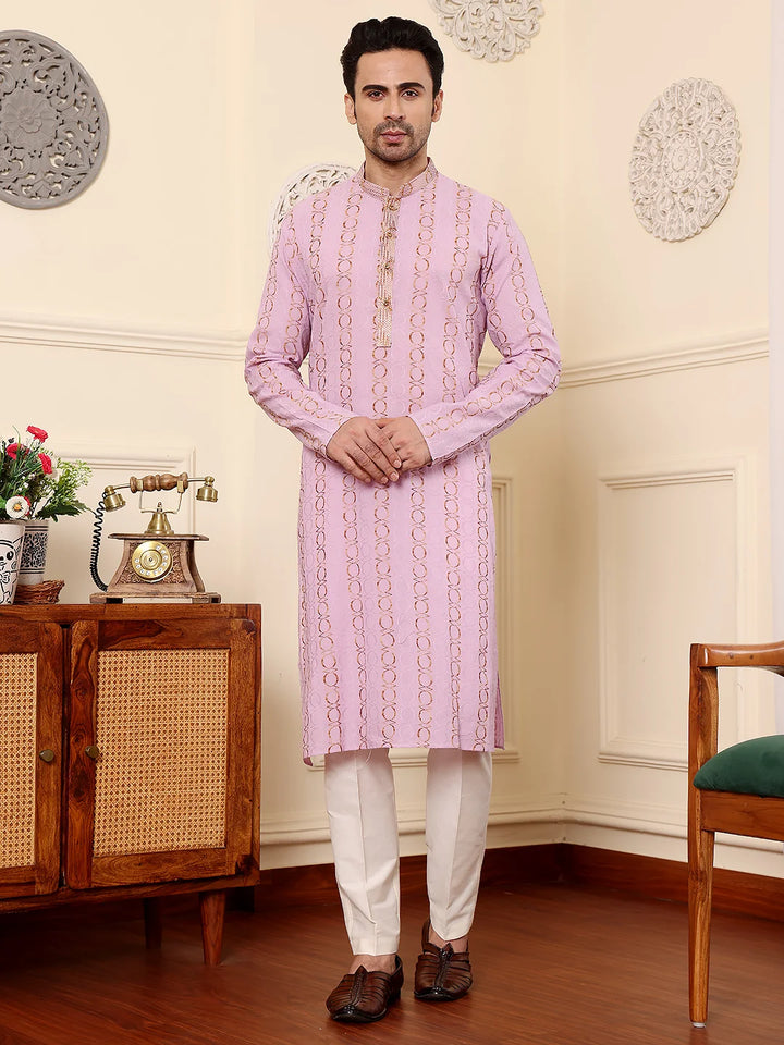 Men's Elegant Pink Printed Straight Cotton kurta,Cream solid trouser style churidar