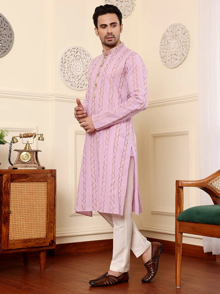 Men's Elegant Pink Printed Straight Cotton kurta,Cream solid trouser style churidar