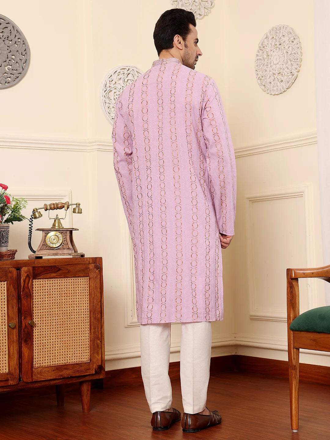 Men's Elegant Pink Printed Straight Cotton kurta,Cream solid trouser style churidar