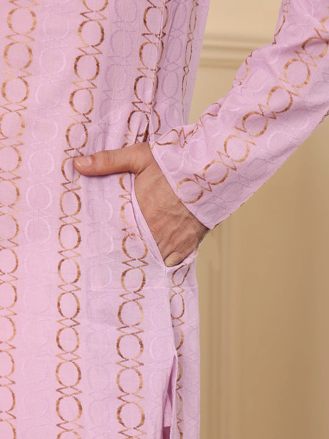 Men's Elegant Pink Printed Straight Cotton kurta,Cream solid trouser style churidar