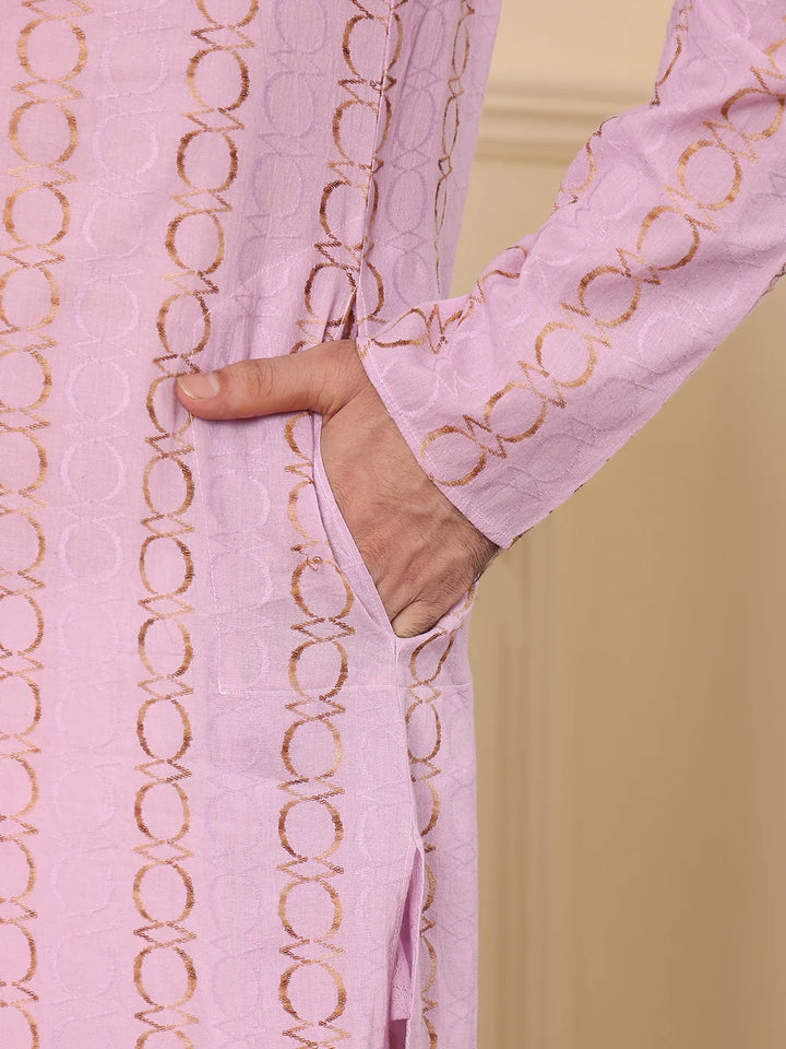 Men's Elegant Pink Printed Straight Cotton kurta,Cream solid trouser style churidar