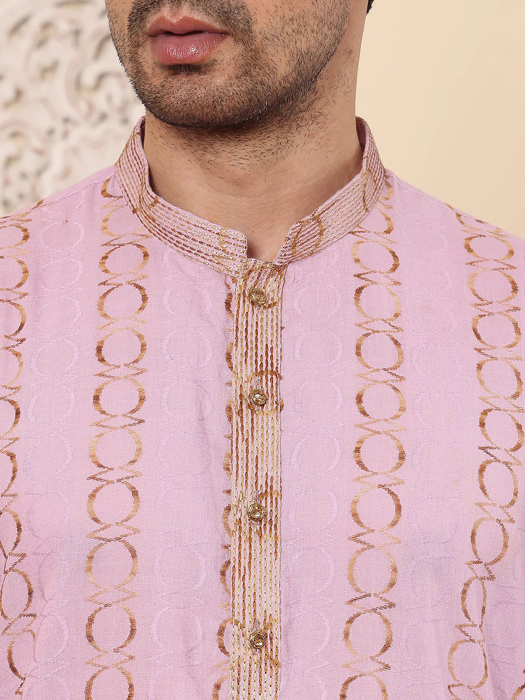 Men's Elegant Pink Printed Straight Cotton kurta,Cream solid trouser style churidar