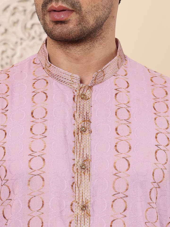 Men's Elegant Pink Printed Straight Cotton kurta,Cream solid trouser style churidar
