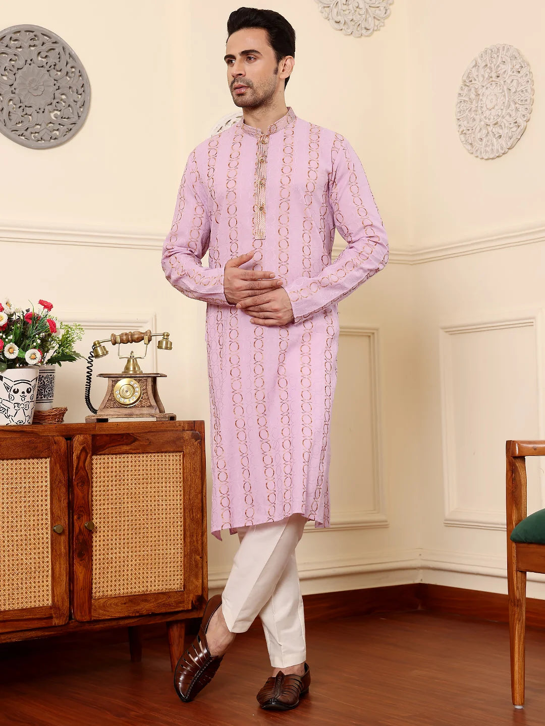 Men's Elegant Pink Printed Straight Cotton kurta,Cream solid trouser style churidar