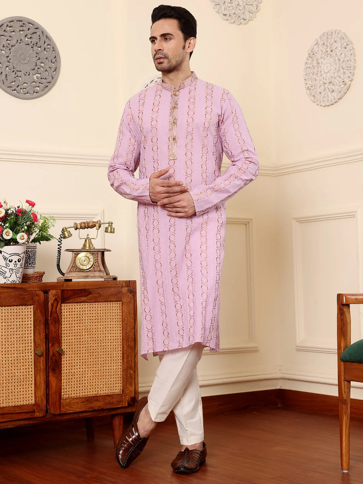 Men's Elegant Pink Printed Straight Cotton kurta,Cream solid trouser style churidar