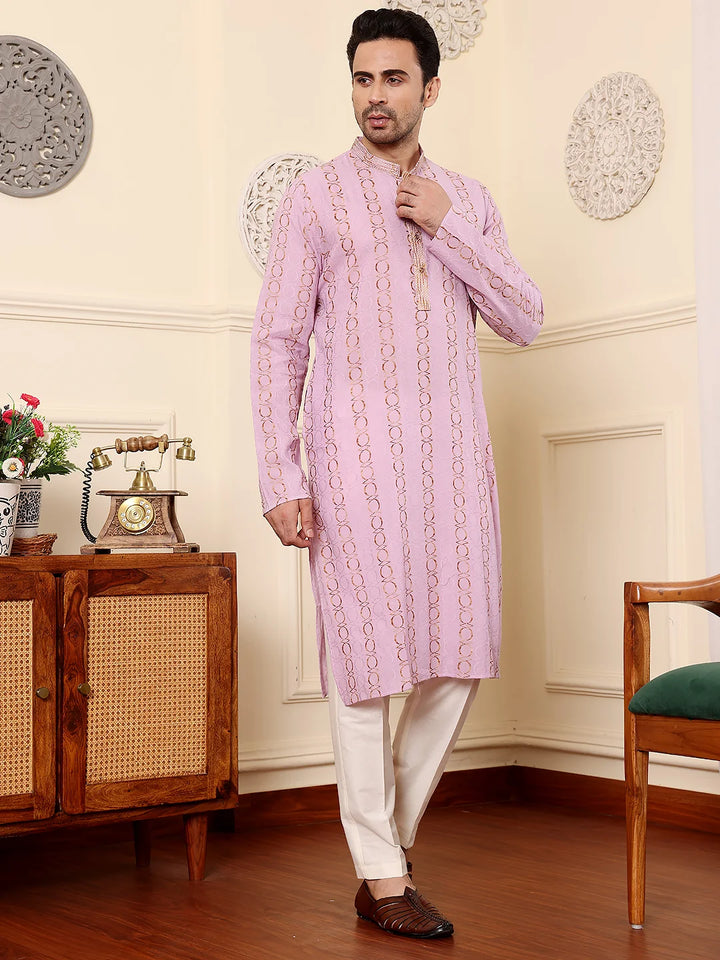 Men's Elegant Pink Printed Straight Cotton kurta,Cream solid trouser style churidar