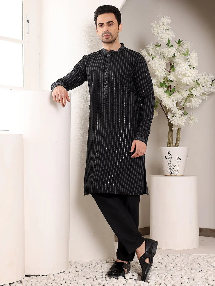 Men's Black Straight Viscose Silk Kurta with Embroidered Neckline and Motifs,Cream solid trouser style churidar