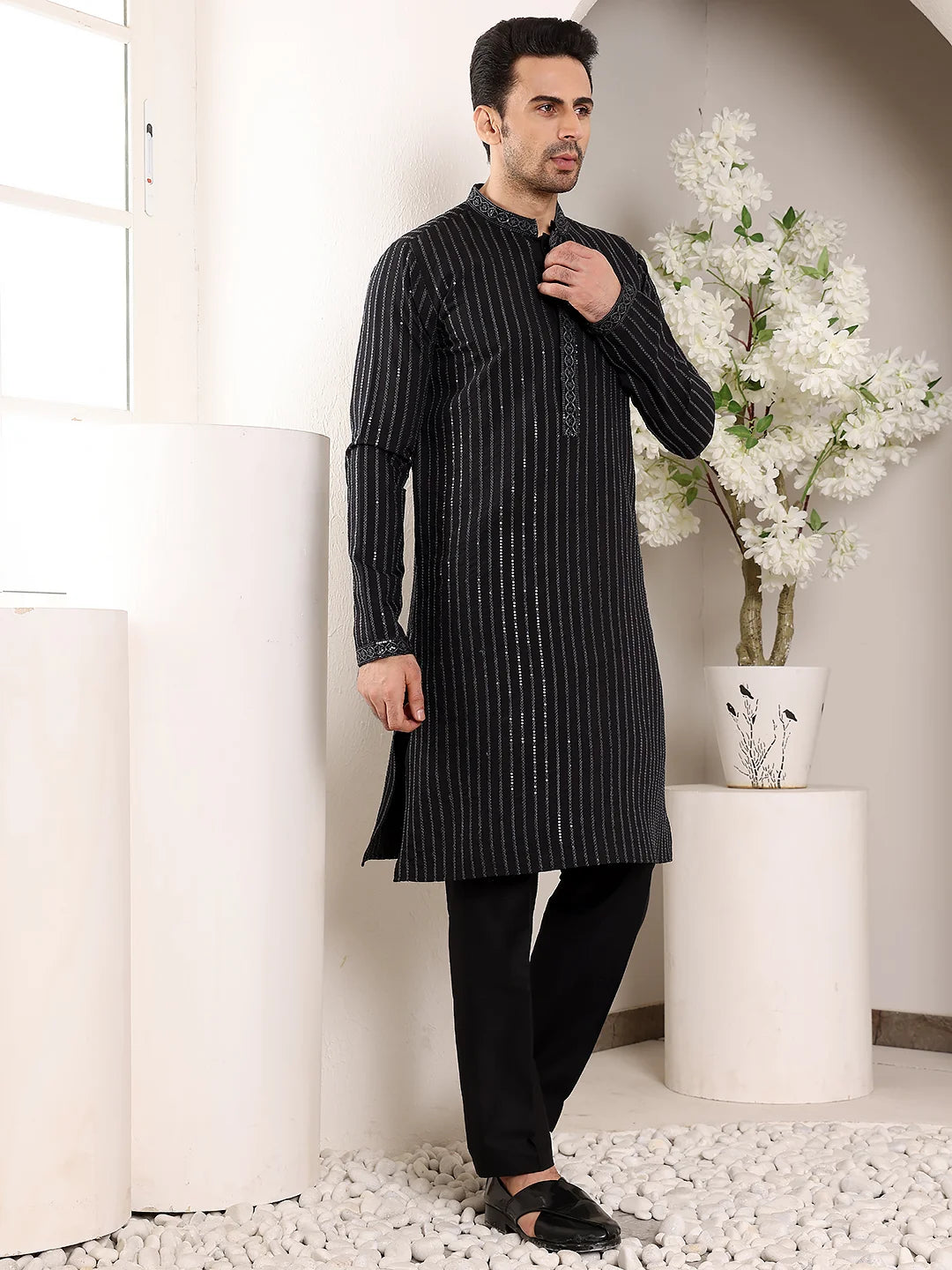 Men's Black Straight Viscose Silk Kurta with Embroidered Neckline and Motifs,Cream solid trouser style churidar