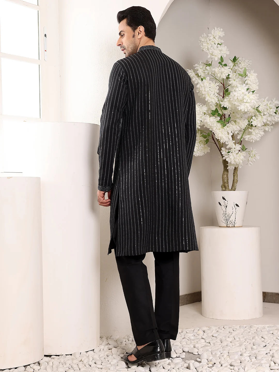 Men's Black Straight Viscose Silk Kurta with Embroidered Neckline and Motifs,Cream solid trouser style churidar
