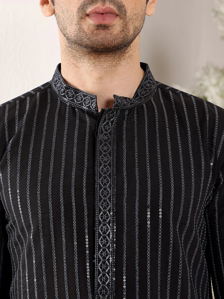 Men's Black Straight Viscose Silk Kurta with Embroidered Neckline and Motifs,Cream solid trouser style churidar
