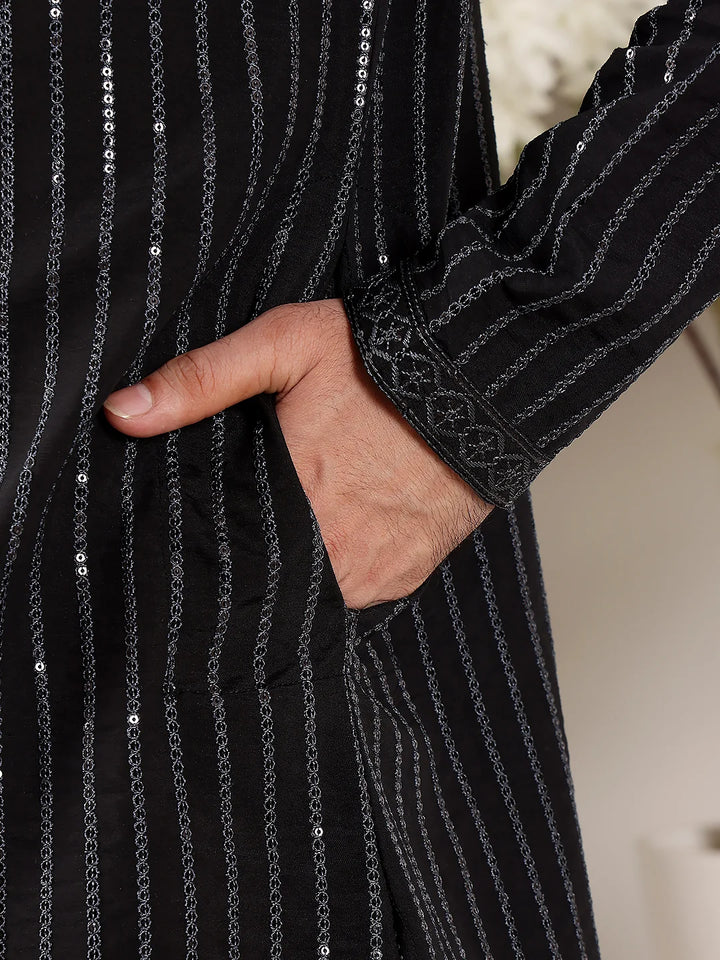 Men's Black Straight Viscose Silk Kurta with Embroidered Neckline and Motifs,Cream solid trouser style churidar