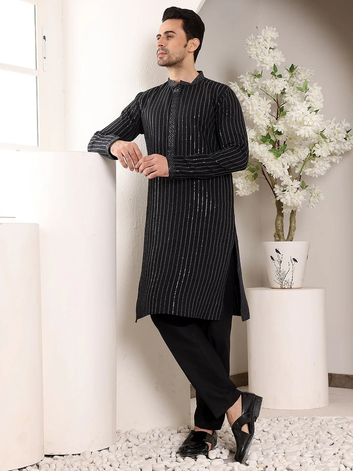 Men's Black Straight Viscose Silk Kurta with Embroidered Neckline and Motifs,Cream solid trouser style churidar