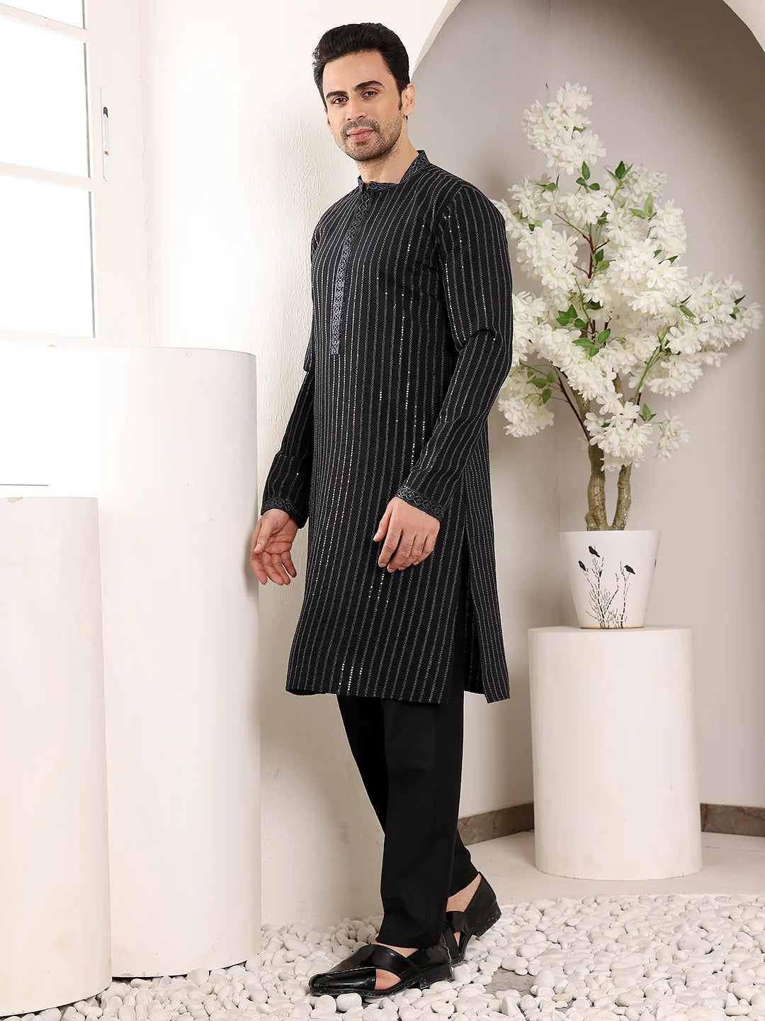 Men's Black Straight Viscose Silk Kurta with Embroidered Neckline and Motifs,Cream solid trouser style churidar