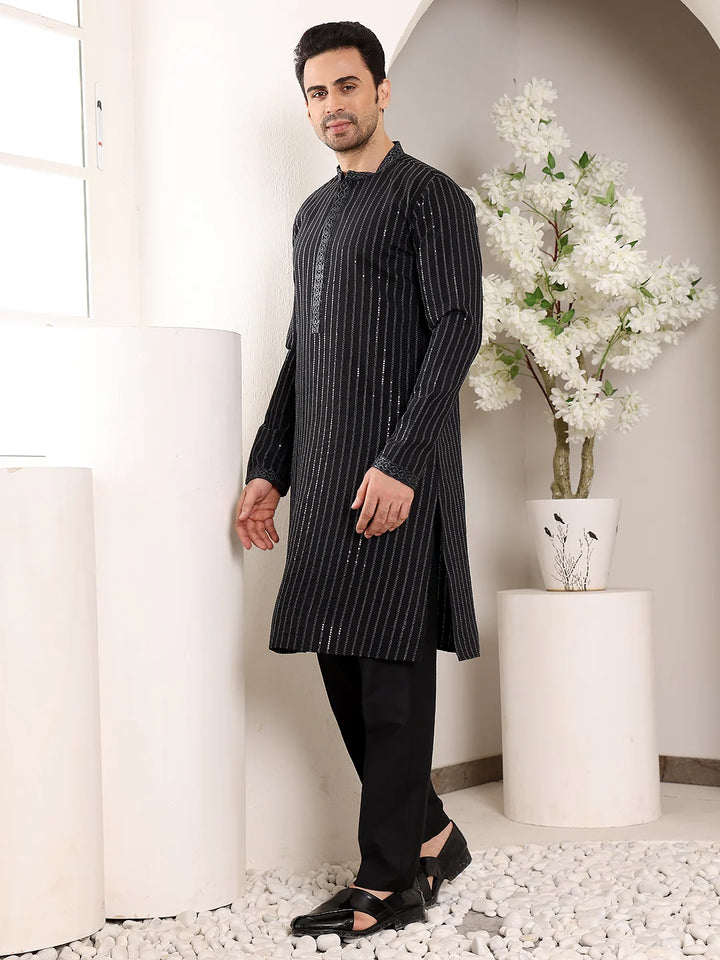 Men's Black Straight Viscose Silk Kurta with Embroidered Neckline and Motifs,Cream solid trouser style churidar