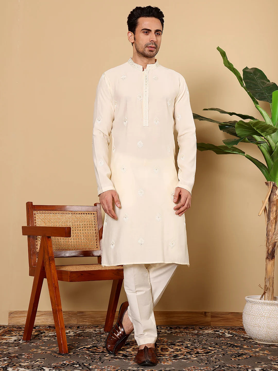 Men's Cream Straight Viscose Silk Kurta with Embroidered Neckline and Motifs,Cream solid trouser style churidar