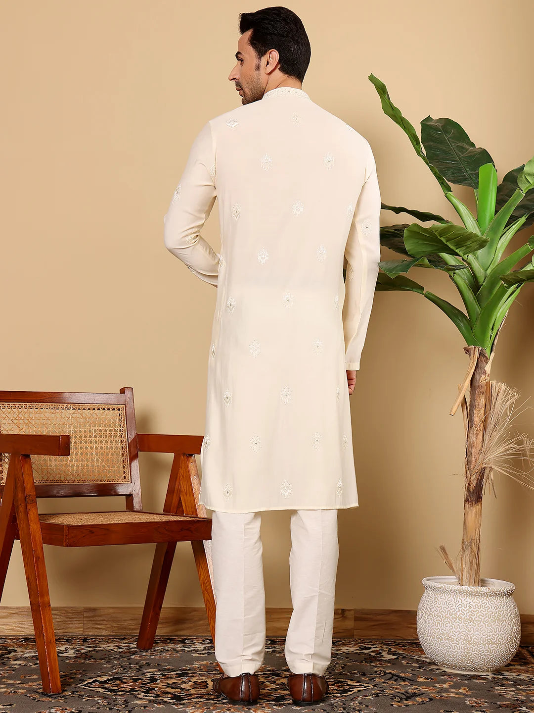 Men's Cream Straight Viscose Silk Kurta with Embroidered Neckline and Motifs,Cream solid trouser style churidar