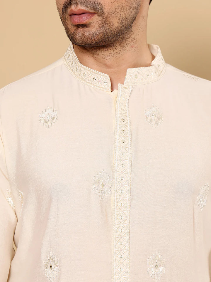 Men's Cream Straight Viscose Silk Kurta with Embroidered Neckline and Motifs,Cream solid trouser style churidar