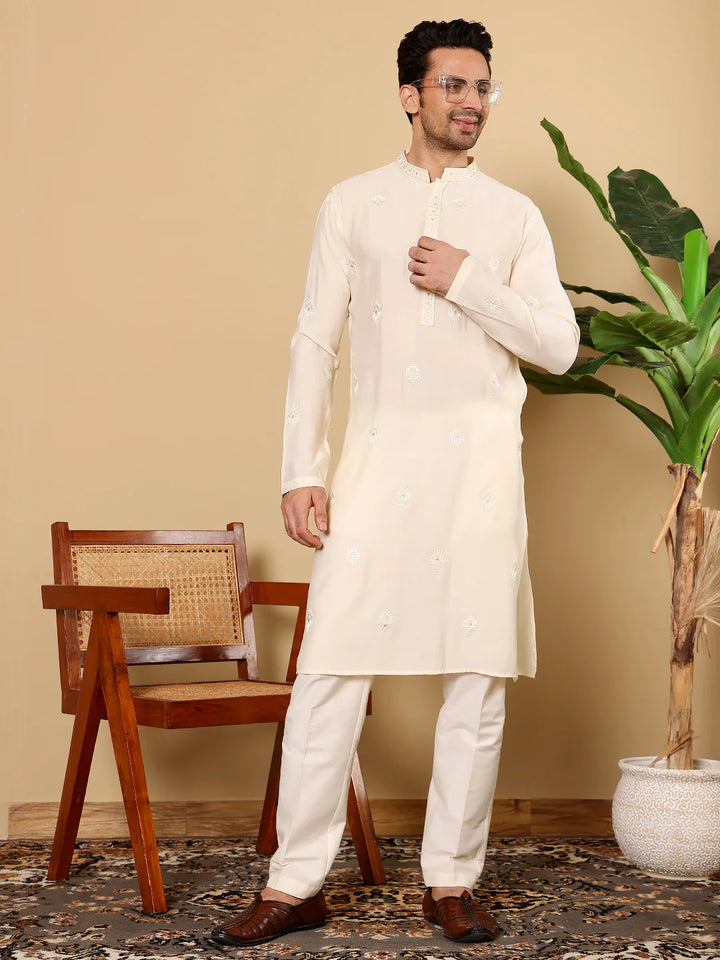 Men's Cream Straight Viscose Silk Kurta with Embroidered Neckline and Motifs,Cream solid trouser style churidar