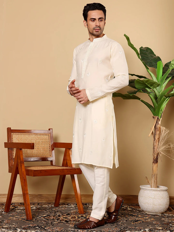 Men's Cream Straight Viscose Silk Kurta with Embroidered Neckline and Motifs,Cream solid trouser style churidar