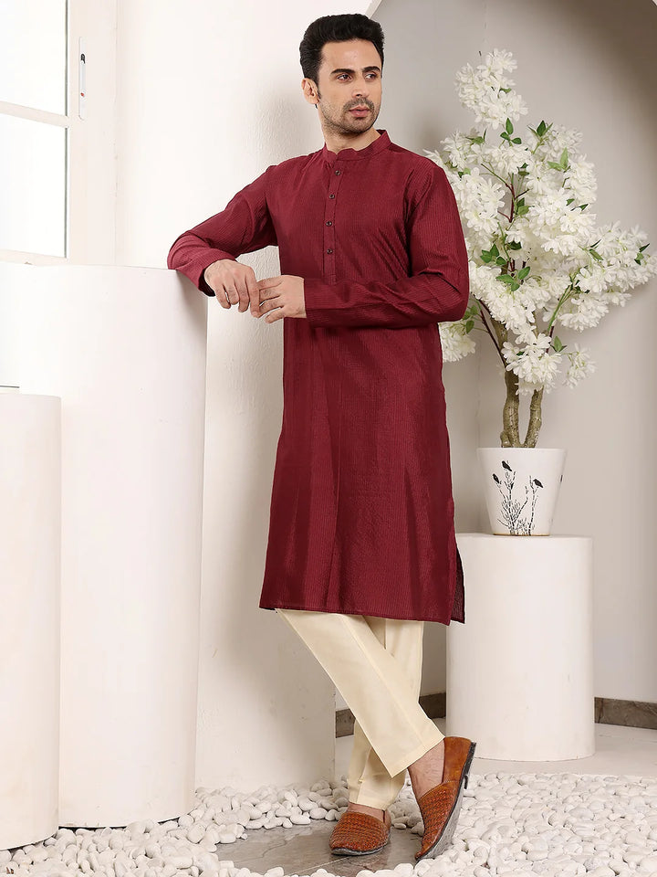 Men's Maroon Straight Viscose Silk Kurta with Textured Effect,Cream Solid Trouser Style churidar