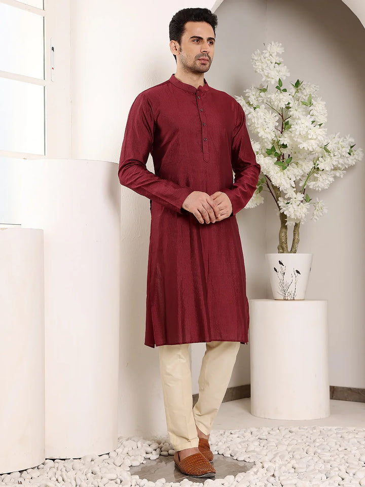 Men's Maroon Straight Viscose Silk Kurta with Textured Effect,Cream Solid Trouser Style churidar