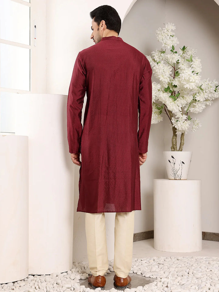 Men's Maroon Straight Viscose Silk Kurta with Textured Effect,Cream Solid Trouser Style churidar