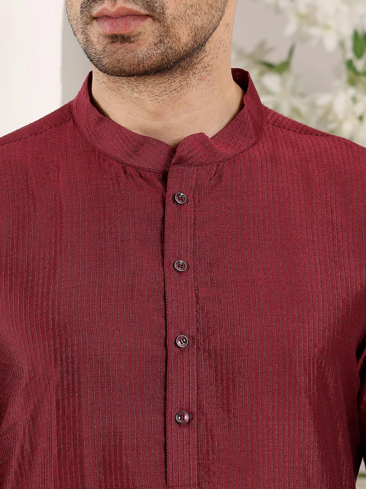 Men's Maroon Straight Viscose Silk Kurta with Textured Effect,Cream Solid Trouser Style churidar